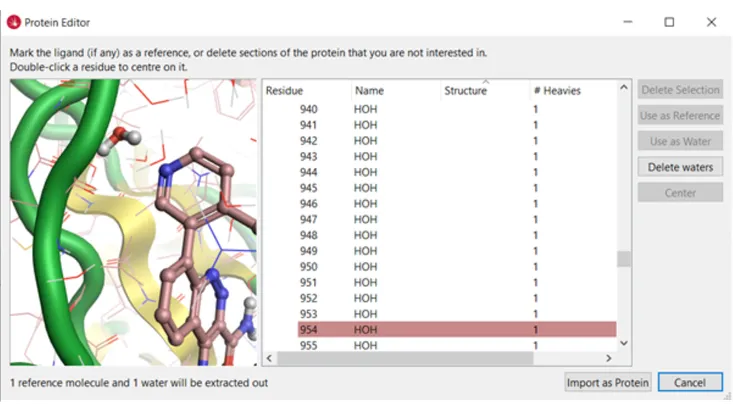 Select the water molecule that you want to replace within the protein active site.