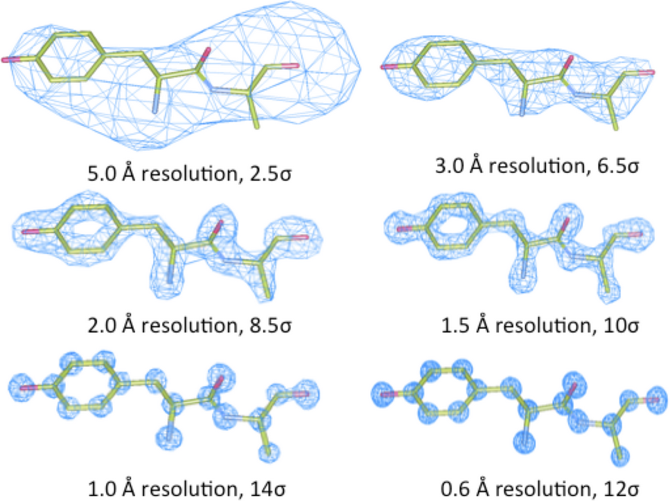 Different electron density maps at differing resolutions