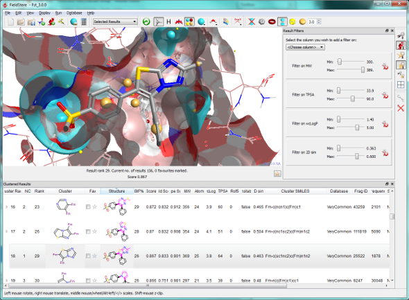 Screenshot of FieldStere 3 showing transparent surfaces around COX-2 protein and a novel suggested bioisostere for Rofecoxib