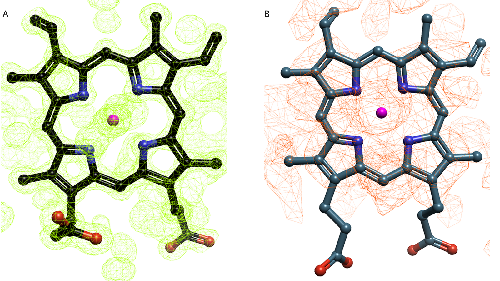 Figure 1. Example of protein structures with good (green surface) and poor (red surface) electron density maps for the same target