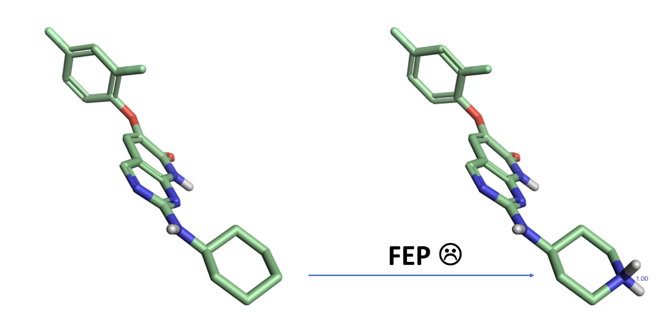 It is recommended that FEP calculations avoid transforming ligands with different formal charges