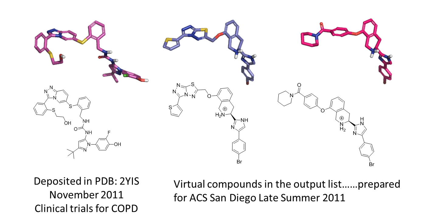 left P38 PDB 2YIS DFG-out inhibitor purple and middle and right two Spark output examples