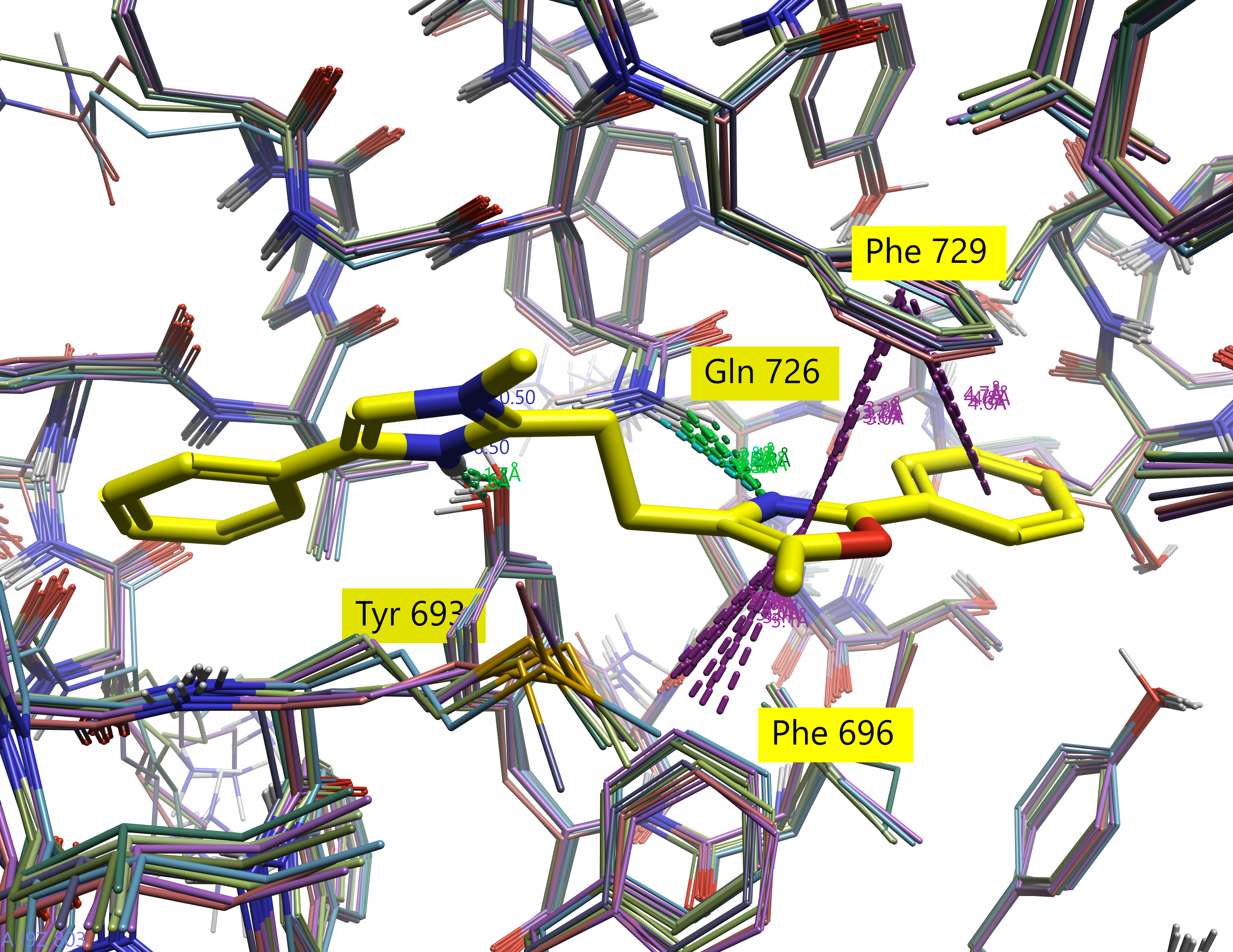 5SDU and its reference ligand superimposed to the eight most diverse crystal structures by RMSD