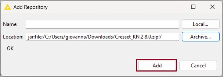 Installation dialog box displaying step 6 in the process for updating the Cresset KNIME nodes