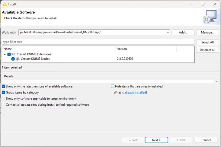 Installation dialog box displaying step 7 in the process for updating the Cresset KNIME nodes