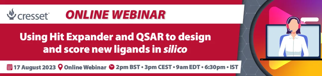 Using Hit Expander and QSAR to design and score new ligands in silico webinar promotional banner image