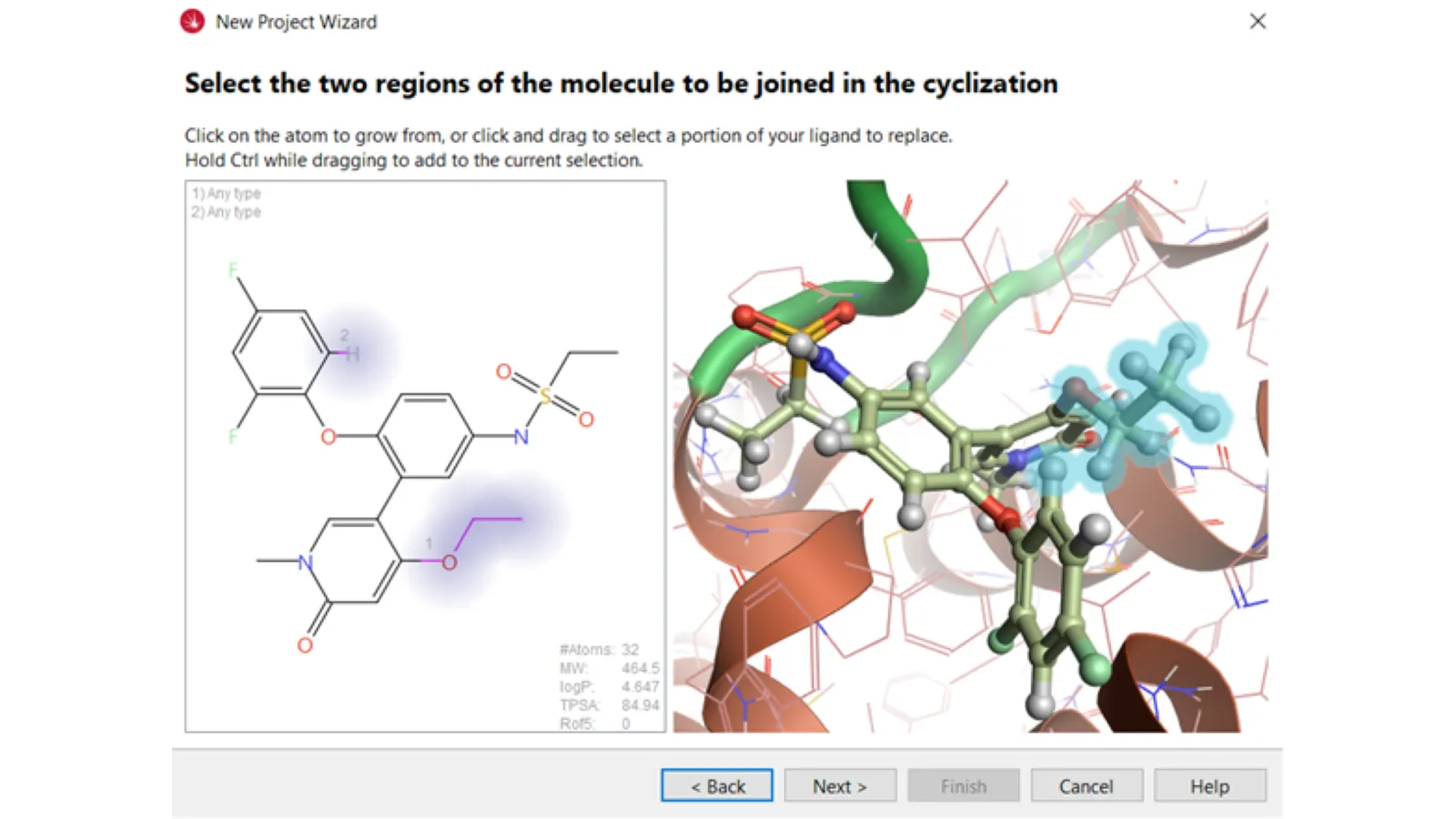 Selecting the two regions of the starter molecule to be joined in the cyclization experiment.