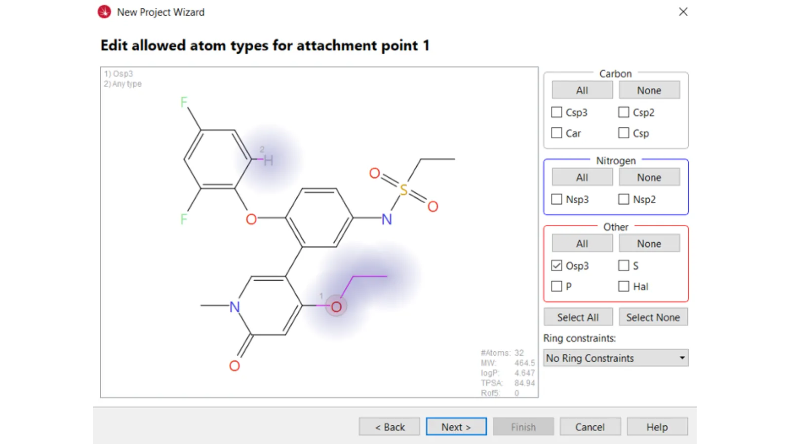 Defining the allowed atom types at each attachment point in the macrocyclization experiment.