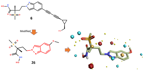 Bioactive conformation of compound 26 was used as the starter molecule for the scaffold hopping experiment with Spark