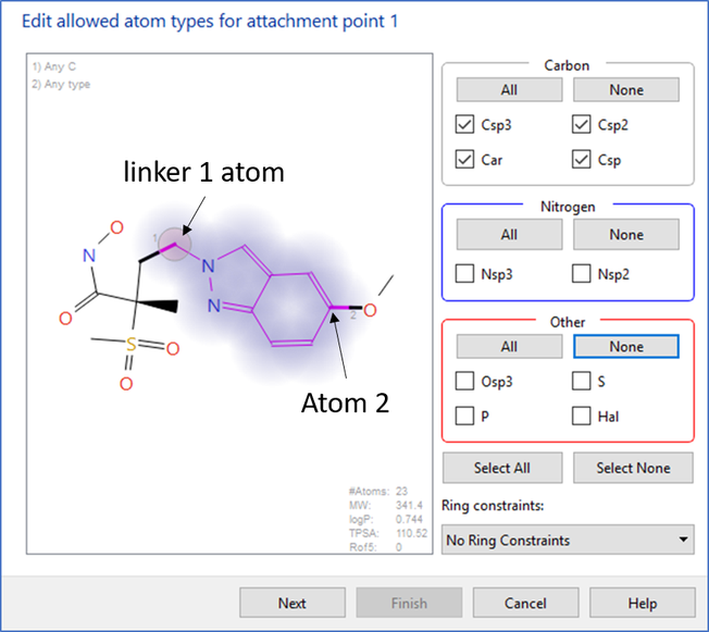 Allowed atom types for linker 1 atom and atom 2  in the Spark experiment