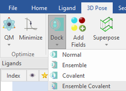 Ensemble covalent docking workflow selected from the 'Dock' dropdown menu in Flare