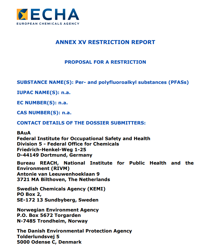 Title page of the ECHA Restriction Report for PFASs