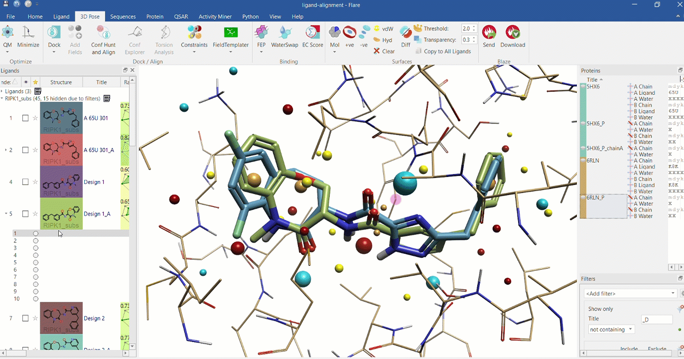 Chemical analogues aligned on the crystallographic ligand of 6RLN at the active site, using Cresset field point descriptors