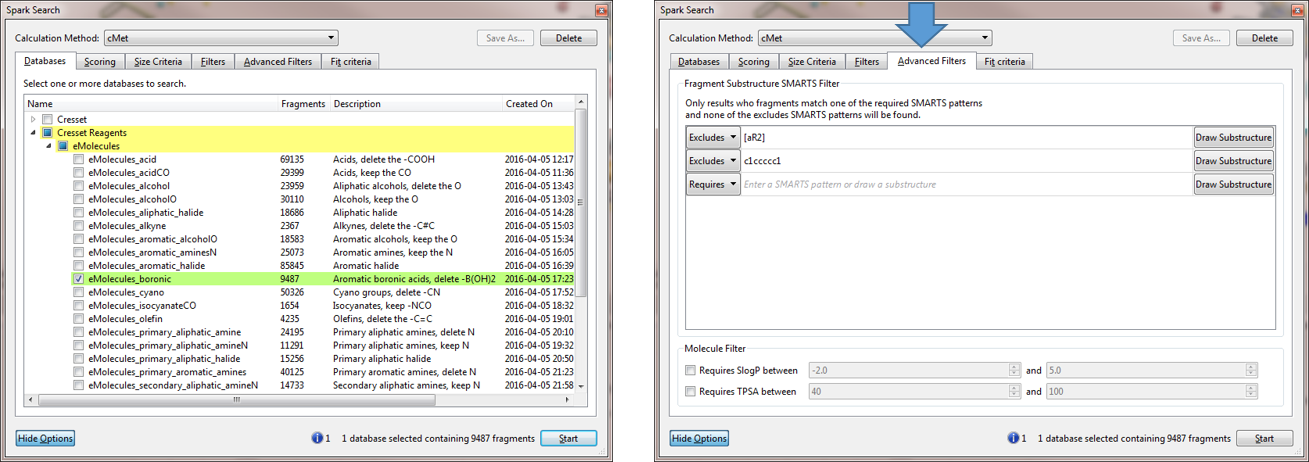 eMolecules reagent databases_left and Advanced Filters options_right